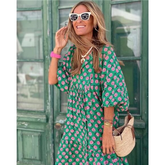 Womens Loose Fit Casual Summer V Neck Half Sleeve Bohemian Geometric - Picture 3 of 7